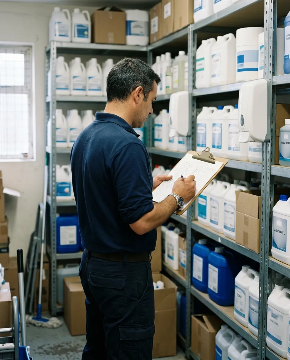 Profissional de controlo de pragas a verificar uma prancheta num armazém de produtos de higiene