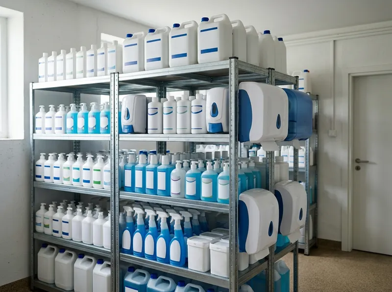 Prateleiras de produtos de higiene profissional e doseadores