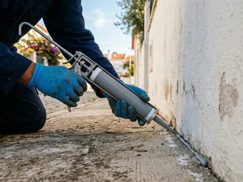 Técnico a vedar uma fresta na base de uma parede exterior
