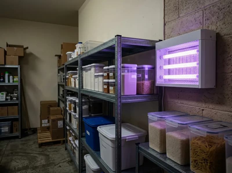 Armadilha luminosa para insectos acesa num armazém alimentar