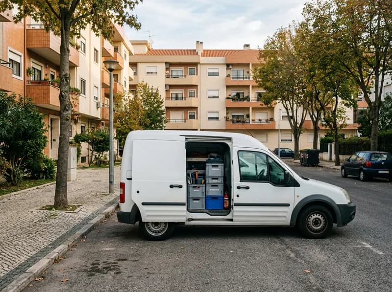Carrinha de serviço estacionada numa rua residencial de Massamá