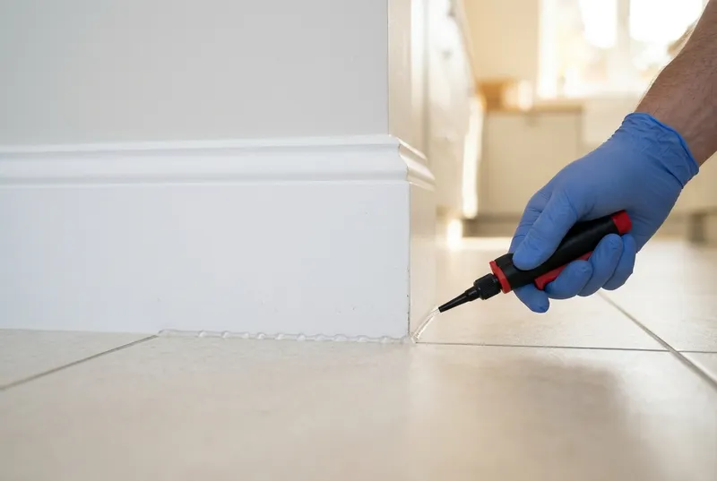 Pormenor de rodapé e azulejo de chão numa cozinha limpa e bem iluminada